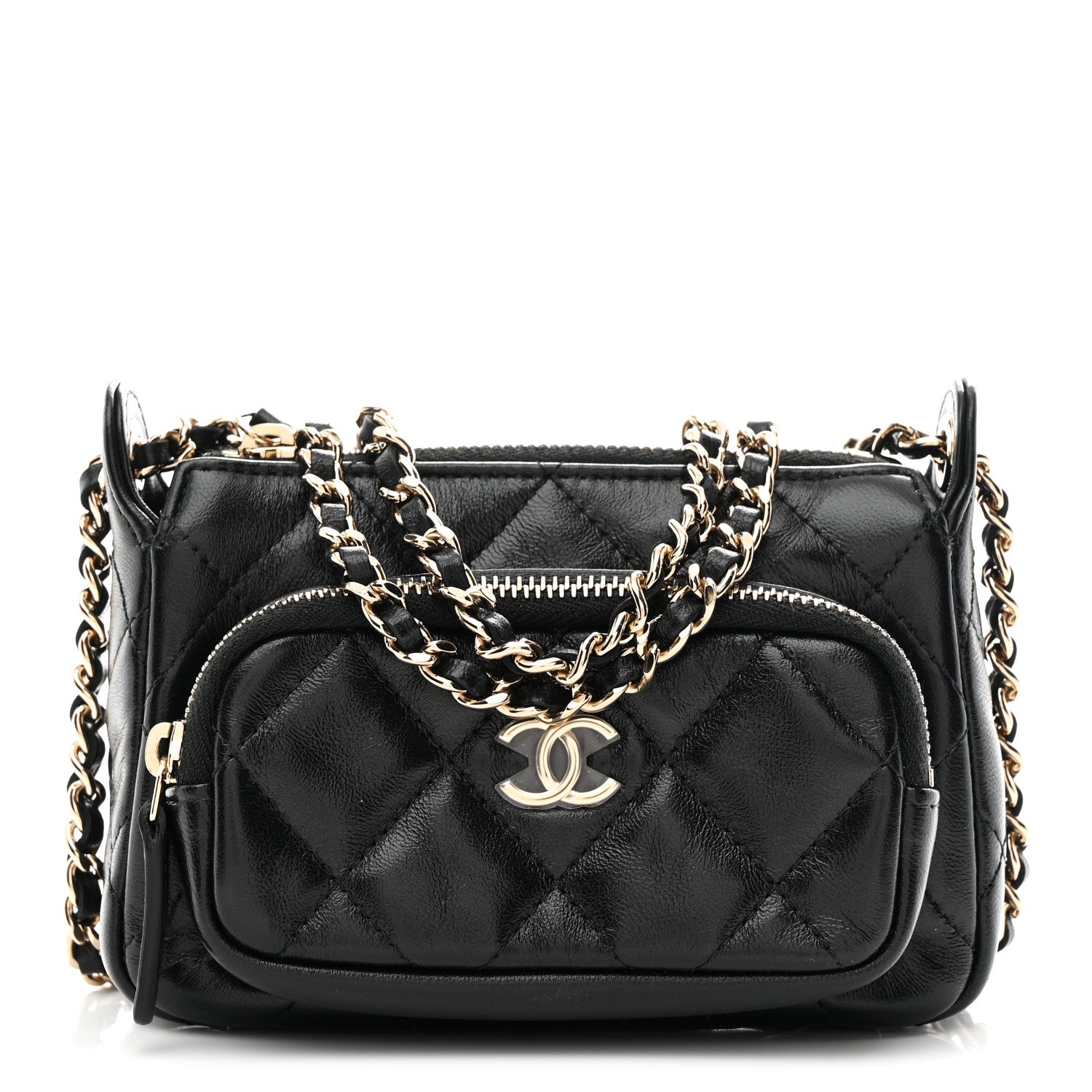 Chanel Shiny Crumpled Lambskin Quilted Mini Clutch With Chain Black 1 of 11