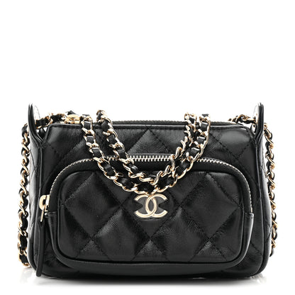 Chanel Shiny Crumpled Lambskin Quilted Mini Clutch With Chain Black 1 of 11