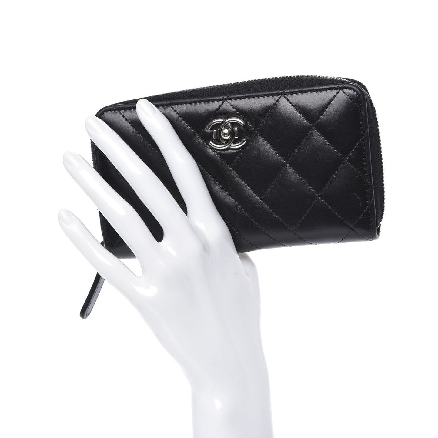 Glazed Calfskin Quilted Small Coco Boy Zip Around Wallet Black