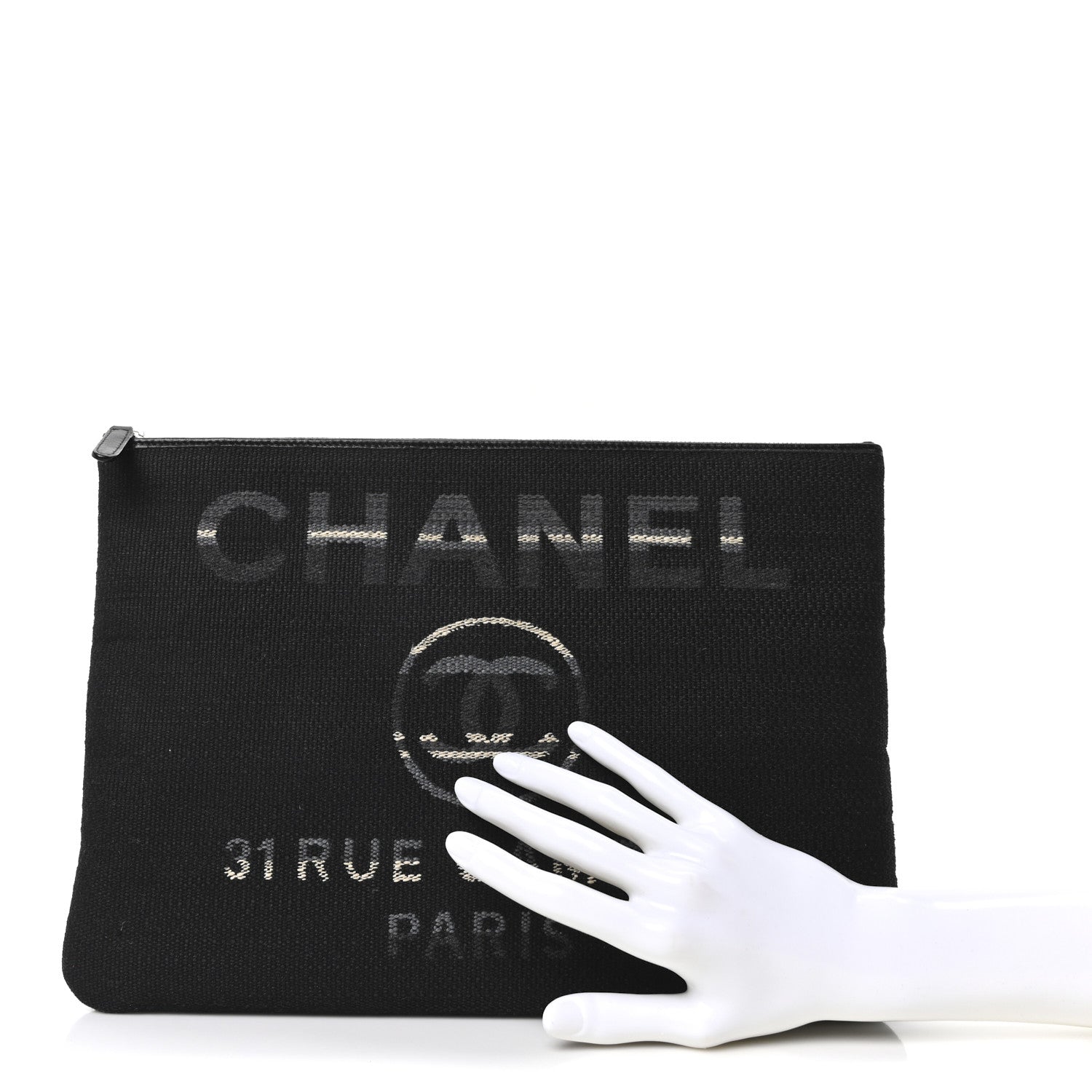 Chanel Striped Canvas Large Deauville Cosmetic Pouch Black 2 of 10