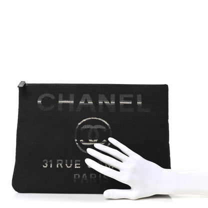 Chanel Striped Canvas Large Deauville Cosmetic Pouch Black 2 of 10