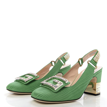 Gucci Moire Fabric Crystal Square G Madelyn Slingbacks 37 New Shamarock 3 of 10
