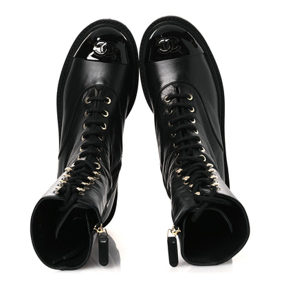 Chanel Crumpled Calfskin Patent Cap Toe Lace Up Combat Boots 39.5 Black 2 of 11