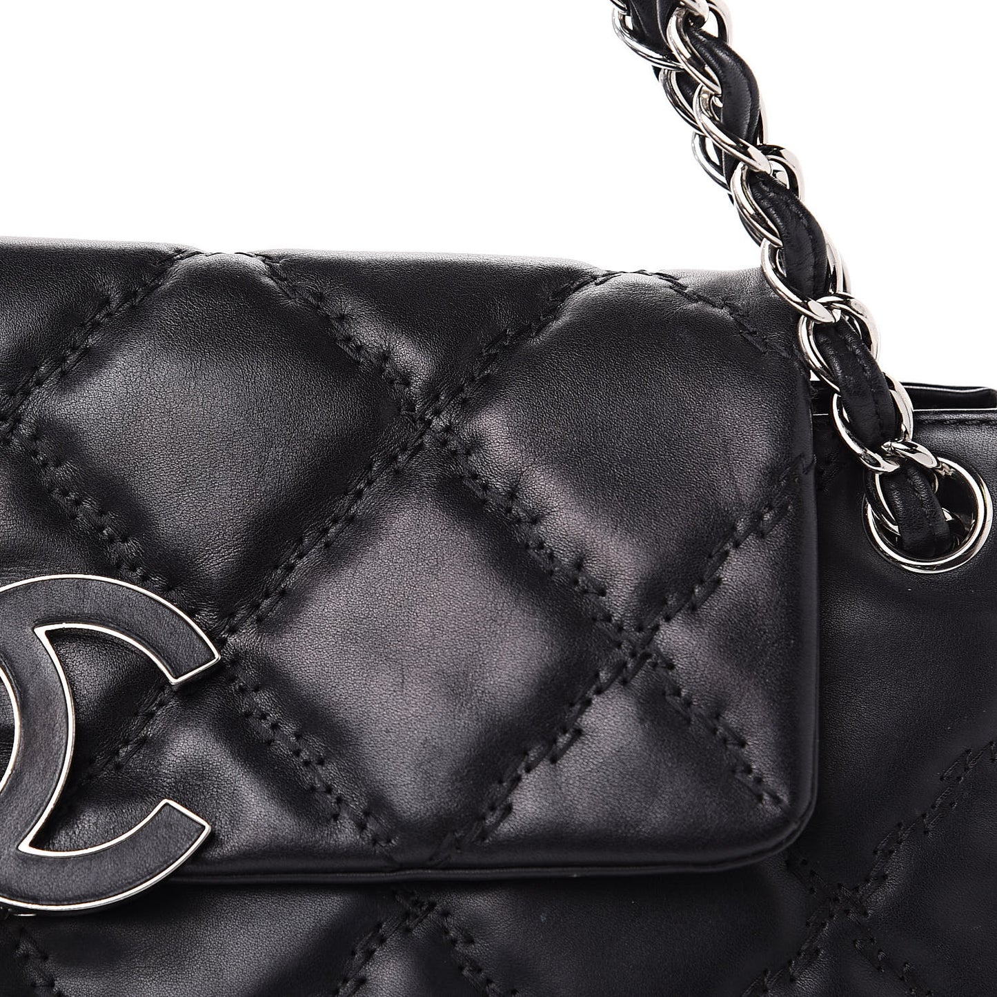 Calfskin Double Stitch Large Hamptons Flap Bag Black
