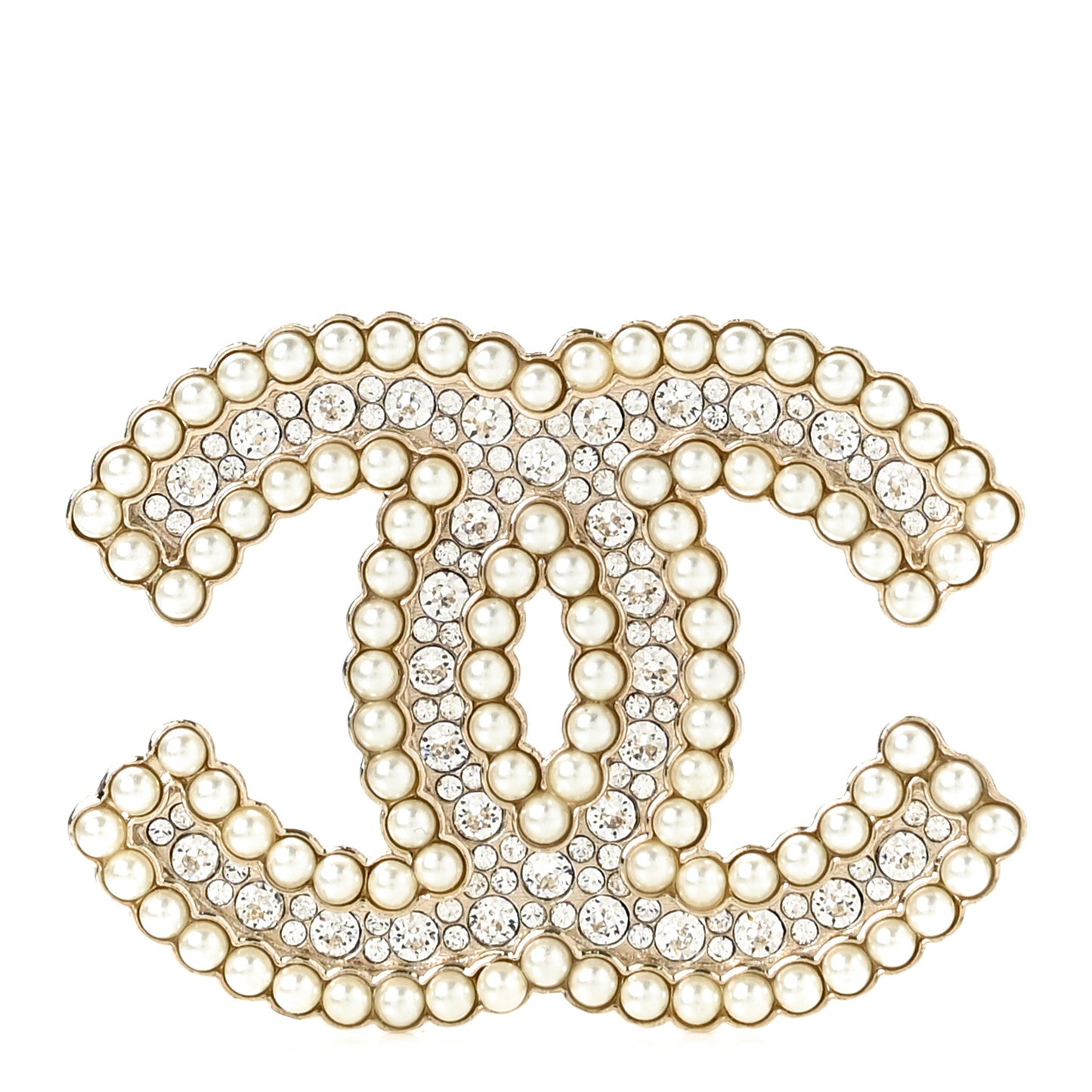Pearl Crystal CC Brooch Gold