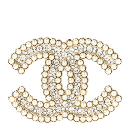 Chanel Pearl Crystal CC Brooch Gold 1 of 5
