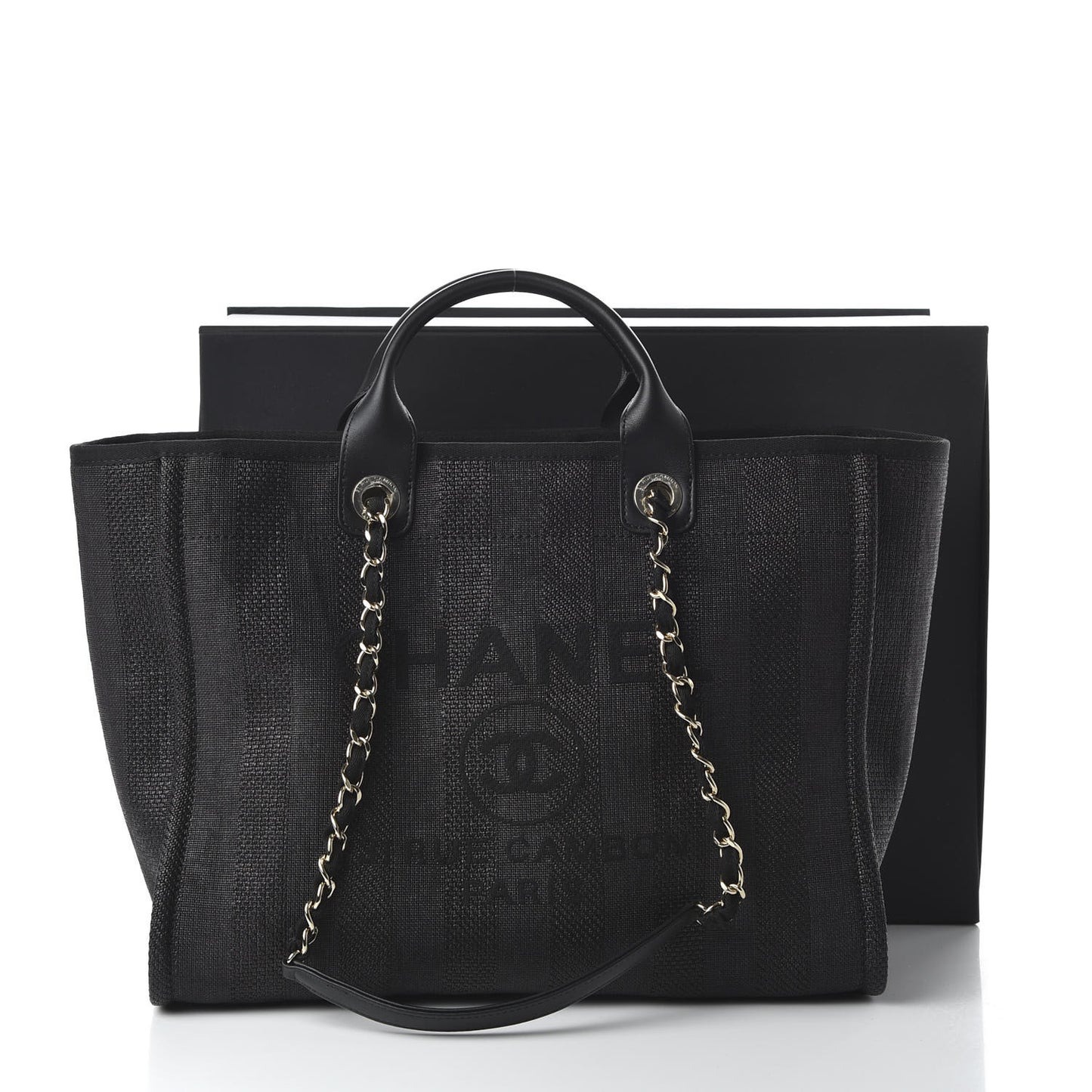 Mixed Fibers Calfskin Striped Medium Deauville Tote Black