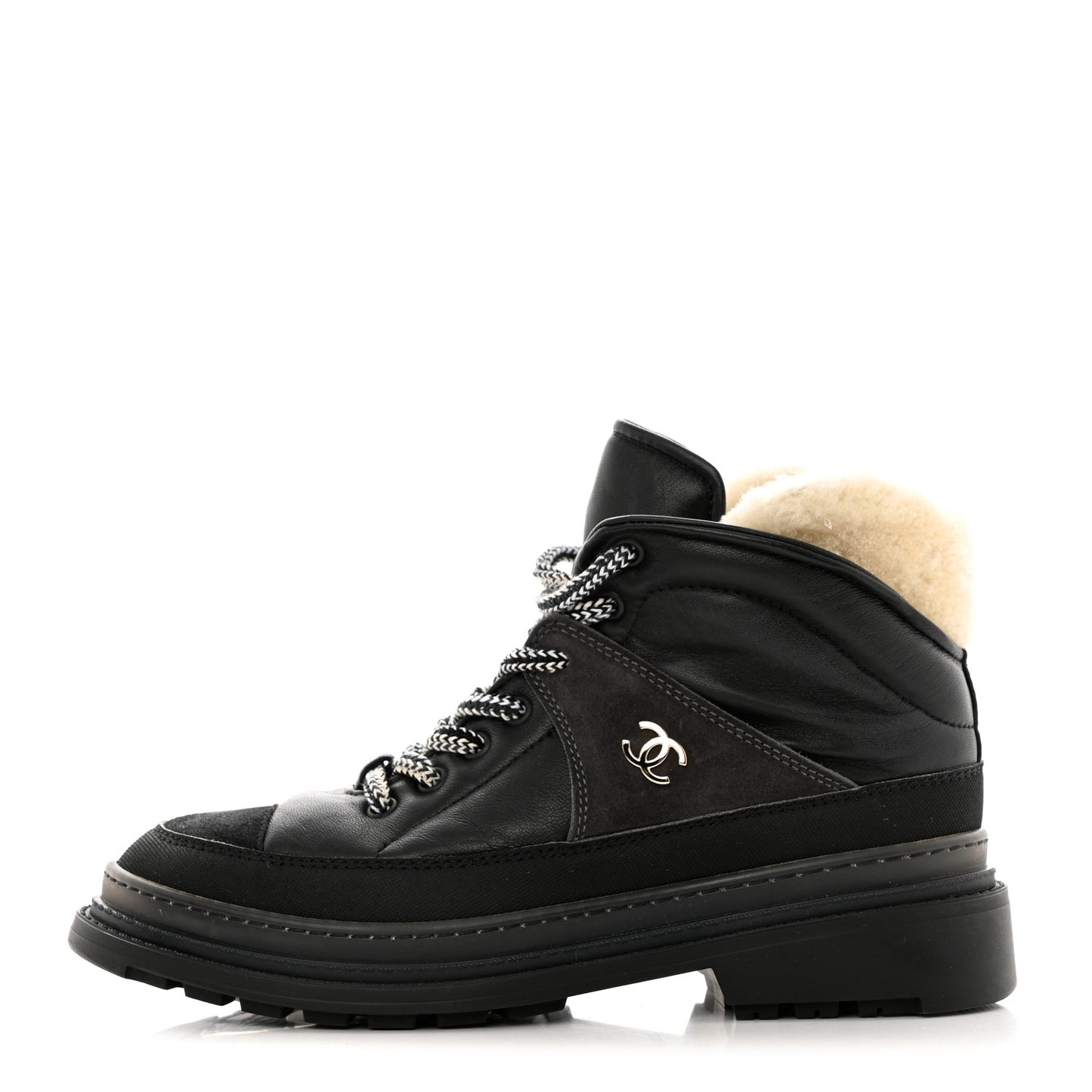 Lambskin Shearling Suede CC High Lace Up Boots 38 Black