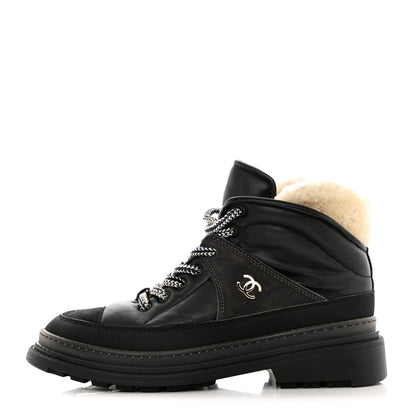 Chanel Lambskin Shearling Suede CC High Lace Up Boots 38 Black 1 of 27