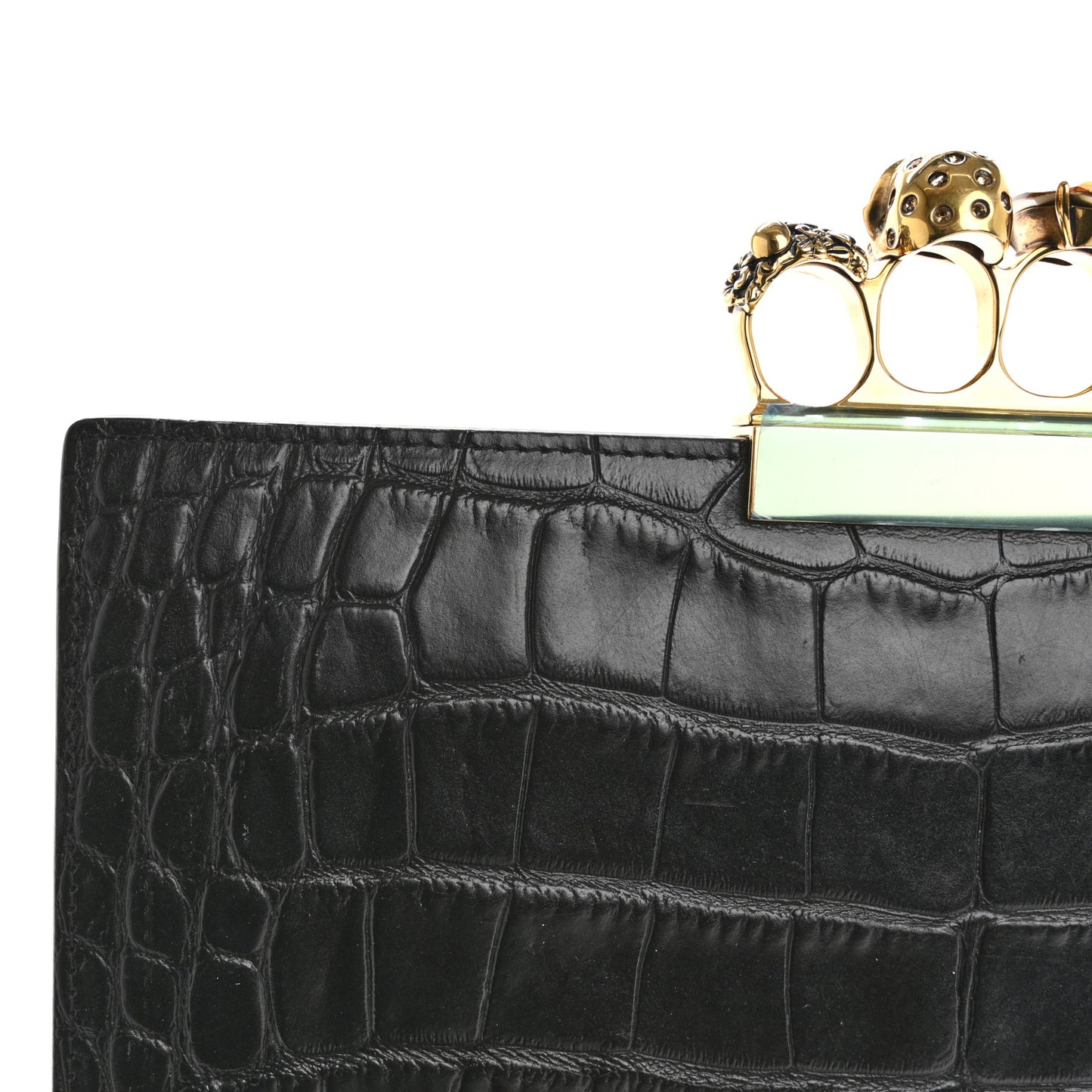 Calfskin Crocodile Embossed Knuckle Flat Clutch Black