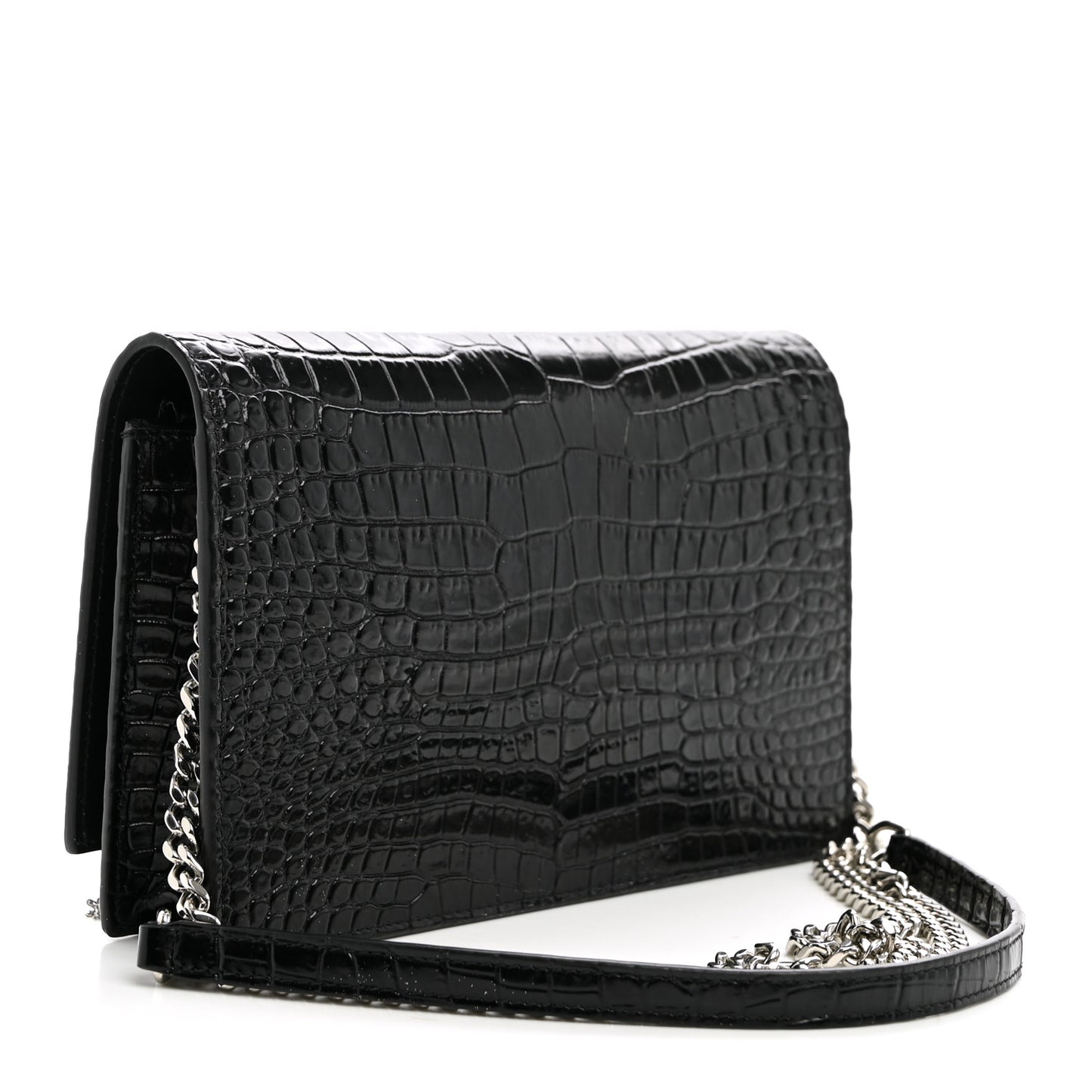 Calfskin Crocodile Embossed Kate Monogram Tassel Chain Wallet Black