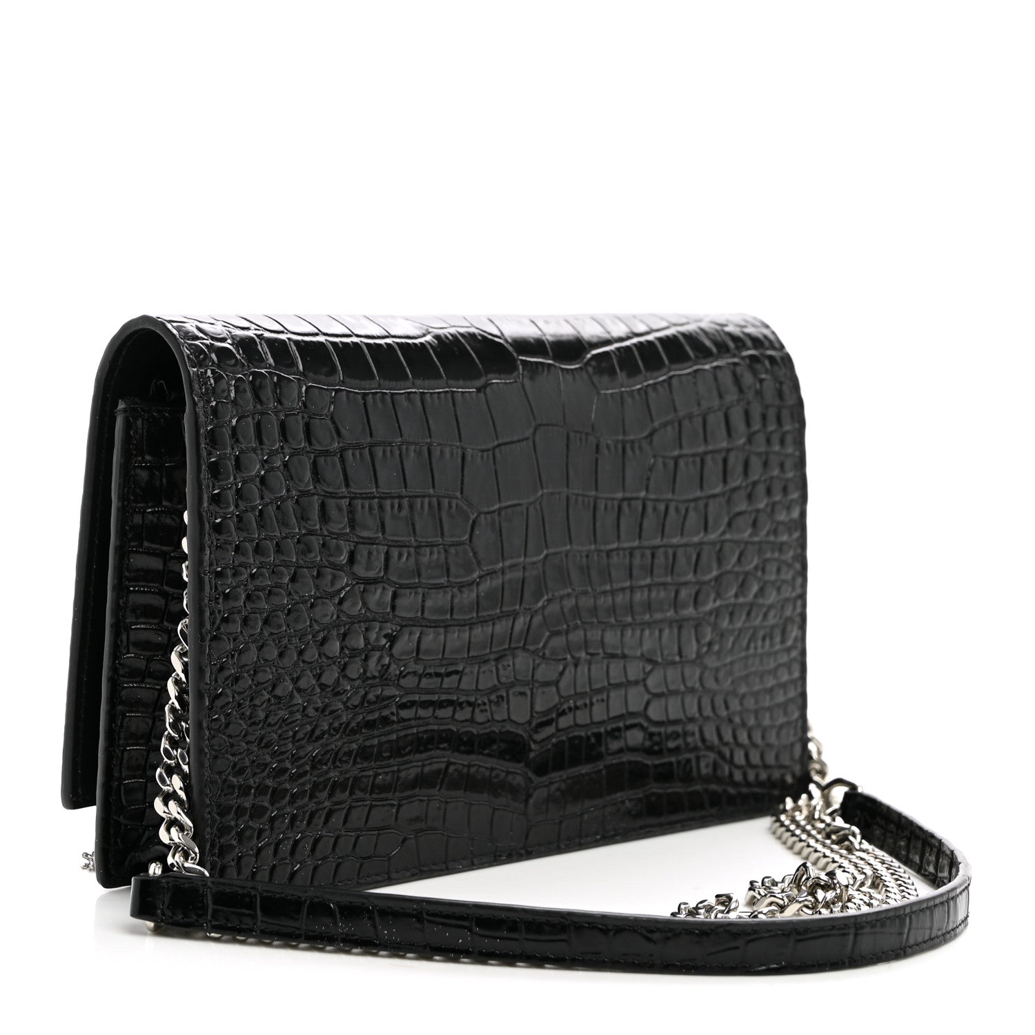 Saint Laurent Calfskin Crocodile Embossed Kate Monogram Tassel Chain Wallet Black 3 of 11