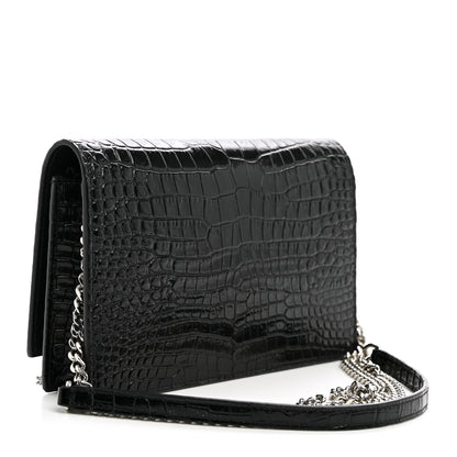 Saint Laurent Calfskin Crocodile Embossed Kate Monogram Tassel Chain Wallet Black 3 of 11