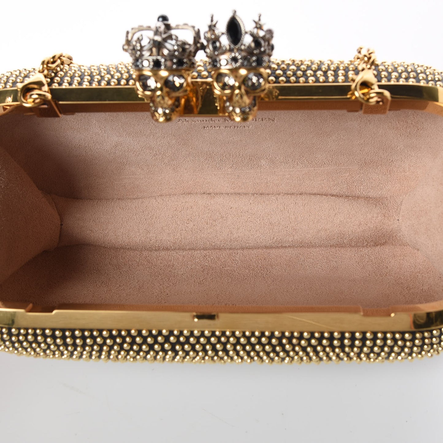 Crystal Nappa Queen and King Skull Box Chain Clutch Black Silver