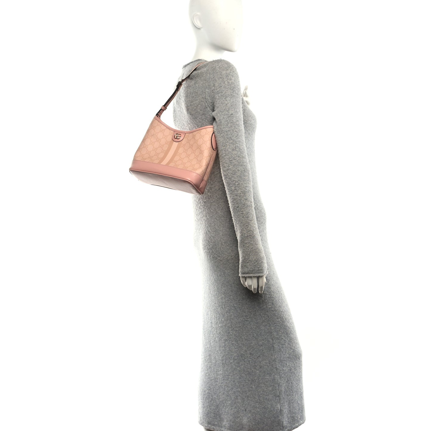 GG Supreme Monogram Textured Dollar Calfskin Web Small Ophidia Bucket Shoulder Bag Rose Pink