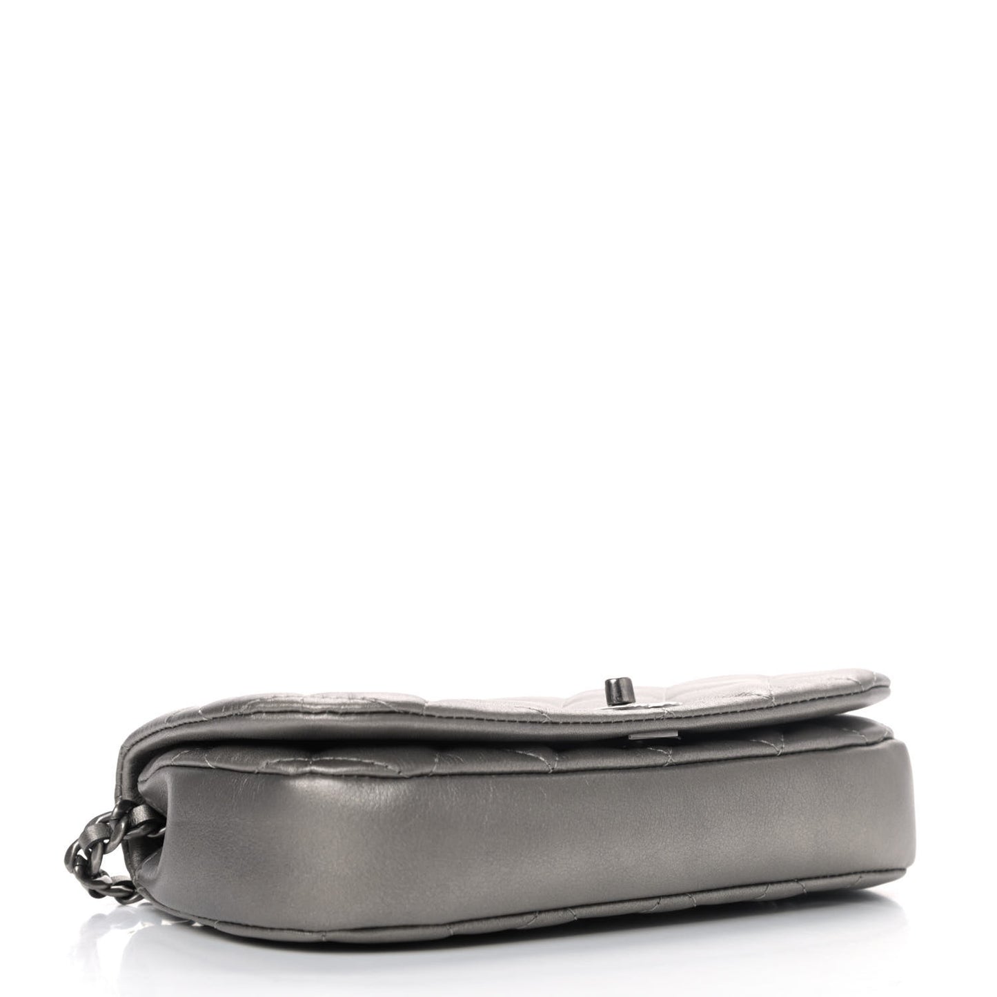 Metallic Calfskin Quilted Flap Clutch With Chain Ruthenium