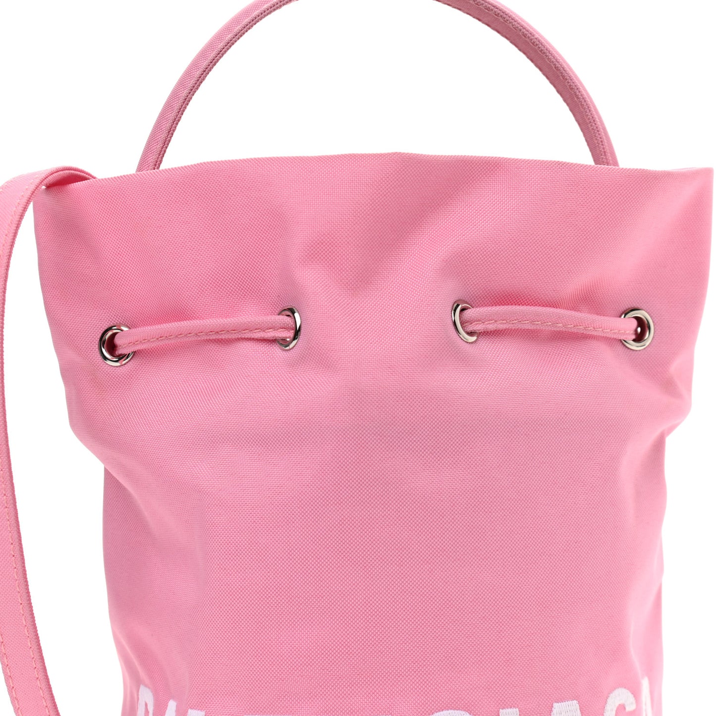 Recycled Sport Nylon Logo Embroidered Wheel Drawstring Bucket Bag XS Pink White