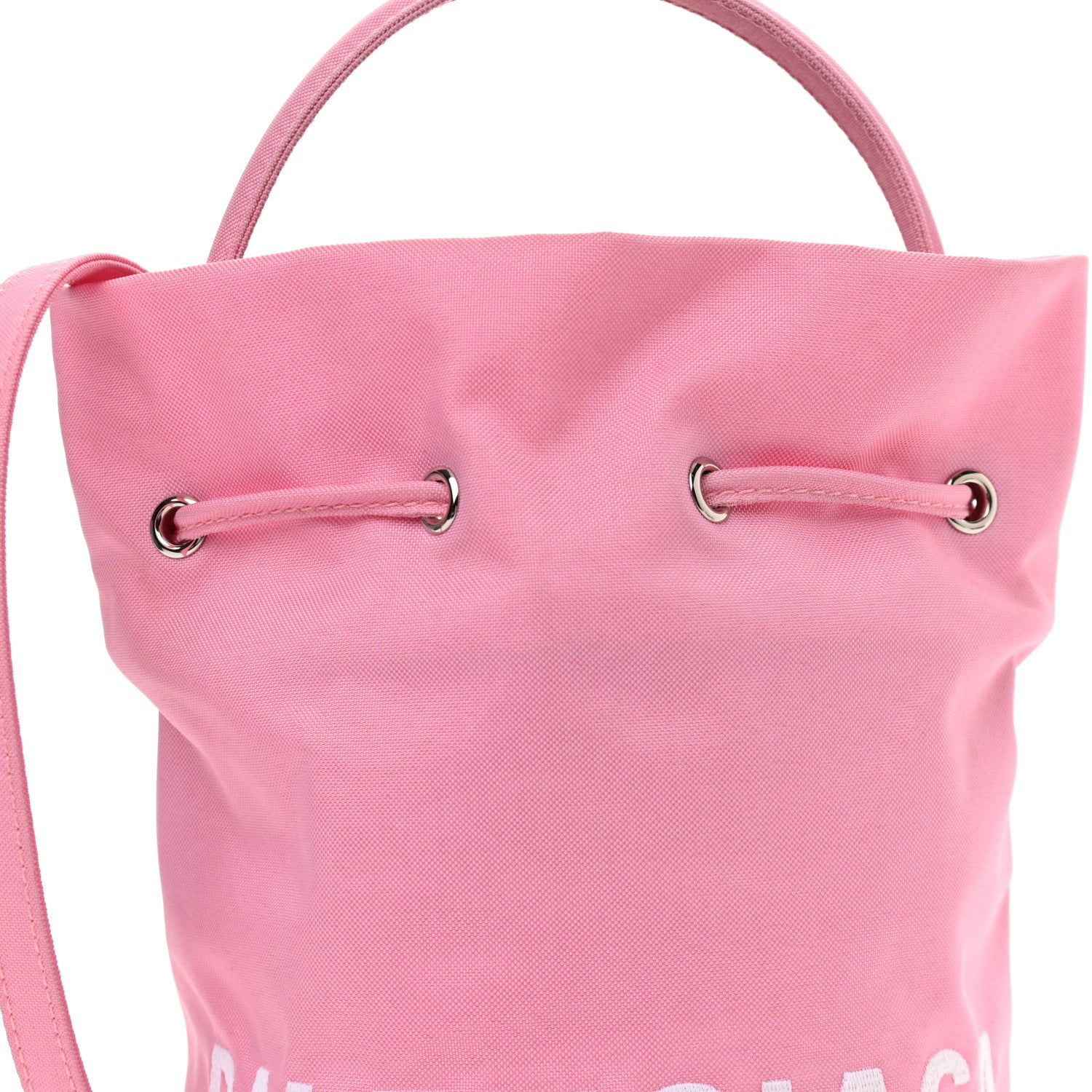 Balenciaga Recycled Sport Nylon Logo Embroidered Wheel Drawstring Bucket Bag XS Pink White 8 of 10