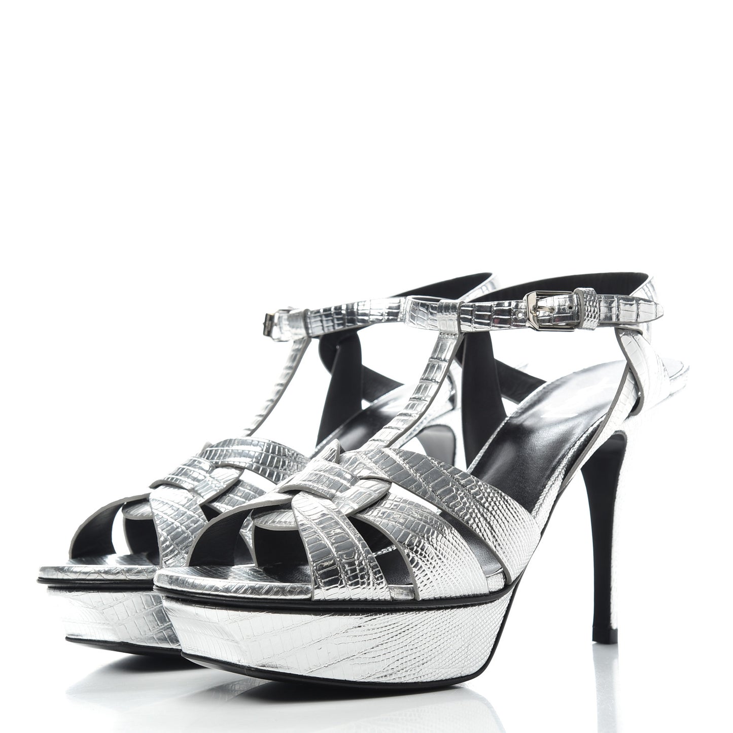 Metallic Calfskin Lizard Embossed Tribute 75 Platform Sandals 40 Silver