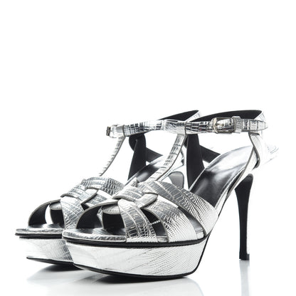 Saint Laurent Metallic Calfskin Lizard Embossed Tribute 75 Platform Sandals 40 Silver 3 of 10