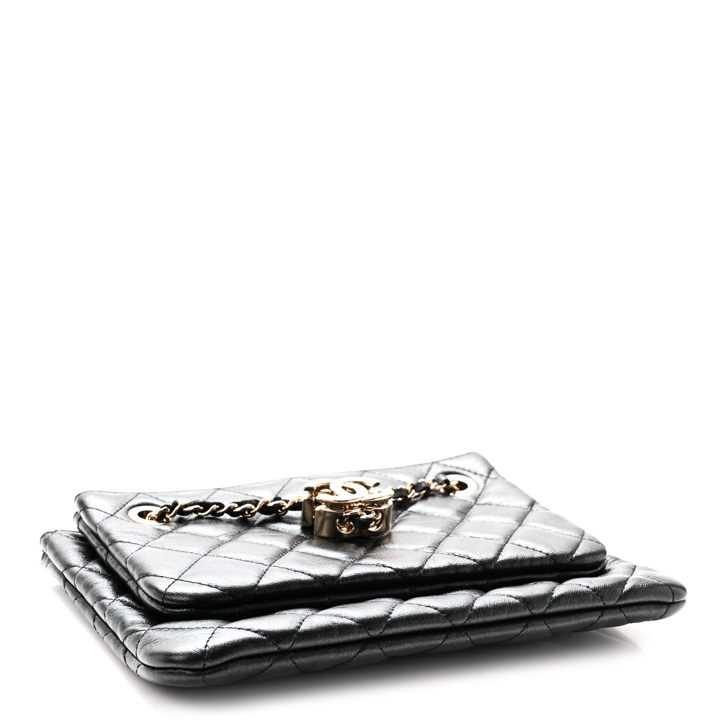 Shiny Lambskin Quilted Medium Double Case With Strap Black