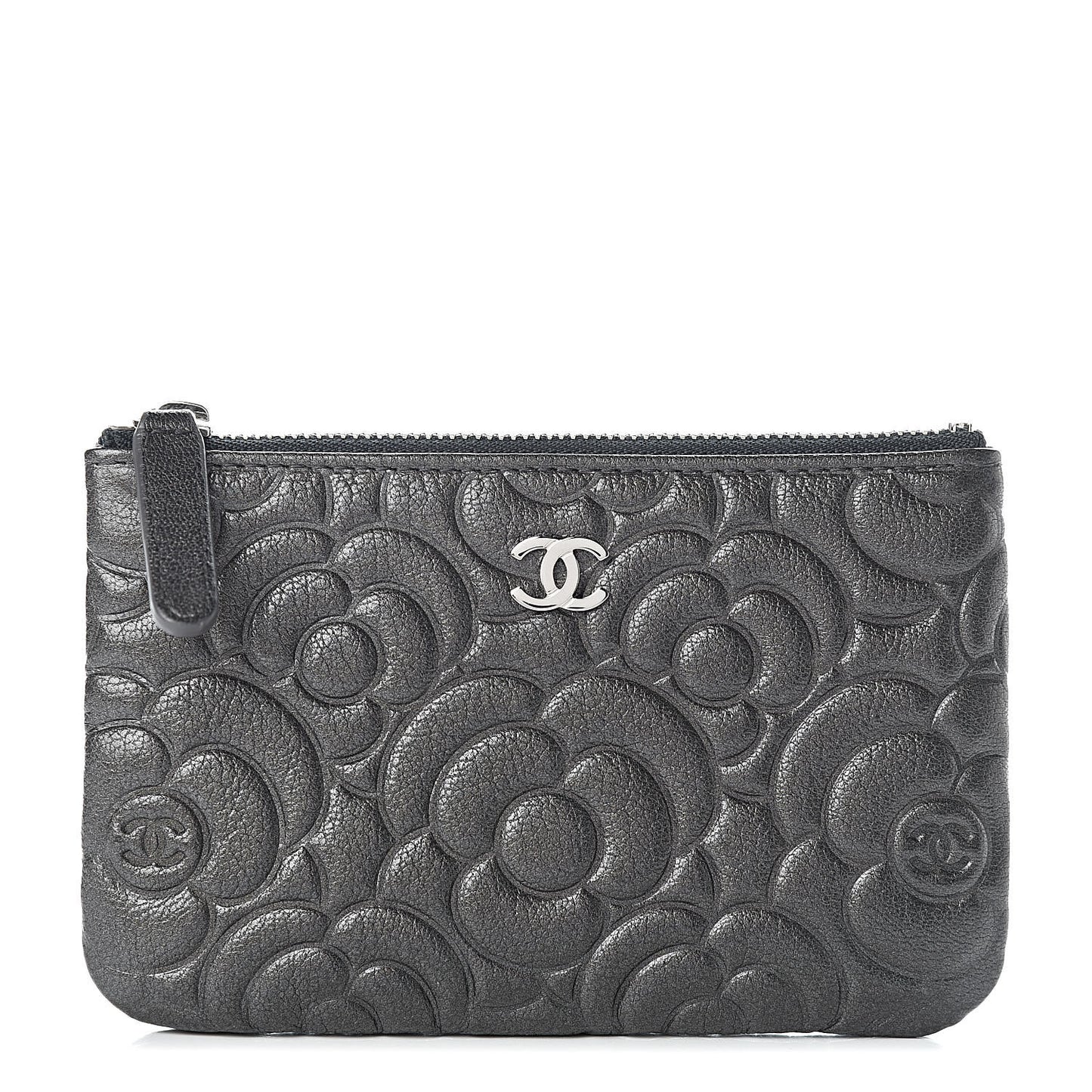 Goatskin Camellia Embossed Cosmetic Pouch Anthracite
