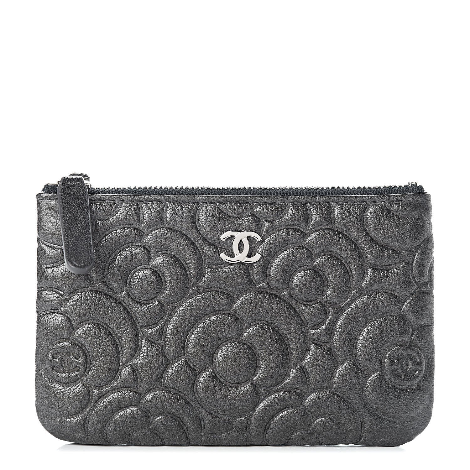 Chanel Goatskin Camellia Embossed Cosmetic Pouch Anthracite 1 of 8
