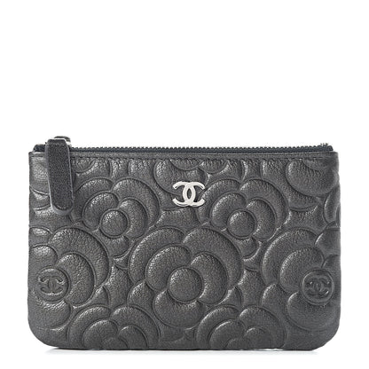 Chanel Goatskin Camellia Embossed Cosmetic Pouch Anthracite 1 of 8
