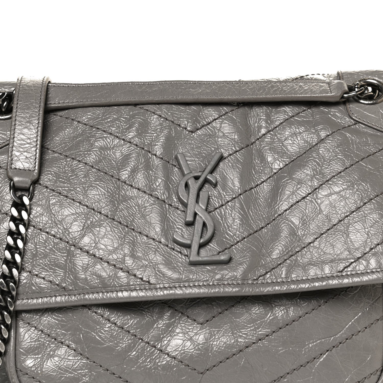 Saint Laurent Crinkled Calfskin Matelasse Monogram Medium Niki Chain Satchel Fog 8 of 10