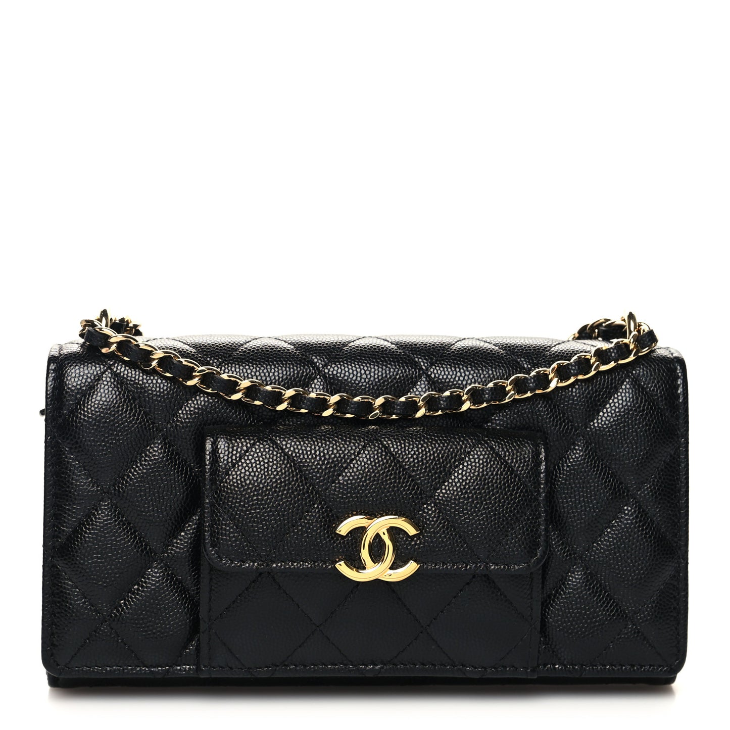 Caviar Quilted Pocket Twins Clutch With Chain Black