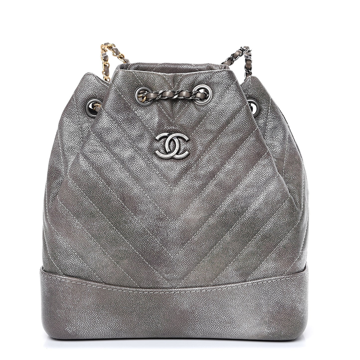 Metallic Grained Goatskin Chevron Quilted Gabrielle Backpack Silver
