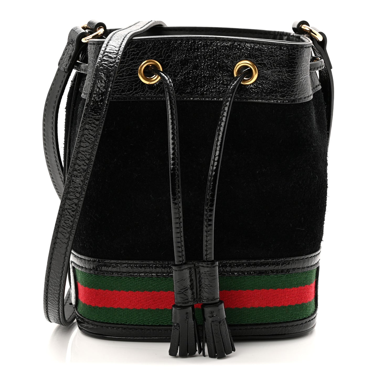 Suede Patent Web Mini Ophidia Bucket Bag Black