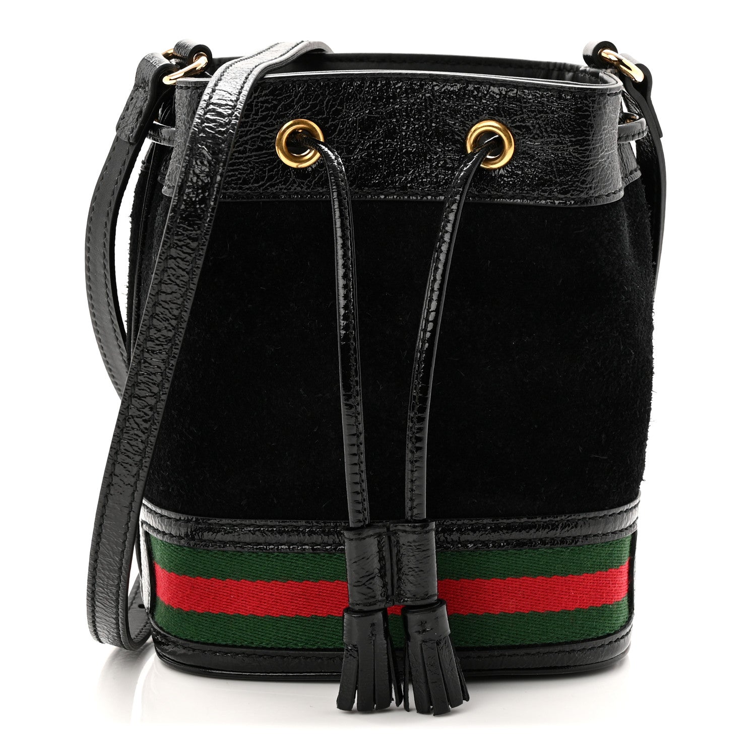 Gucci Suede Patent Web Mini Ophidia Bucket Bag Black 1 of 10