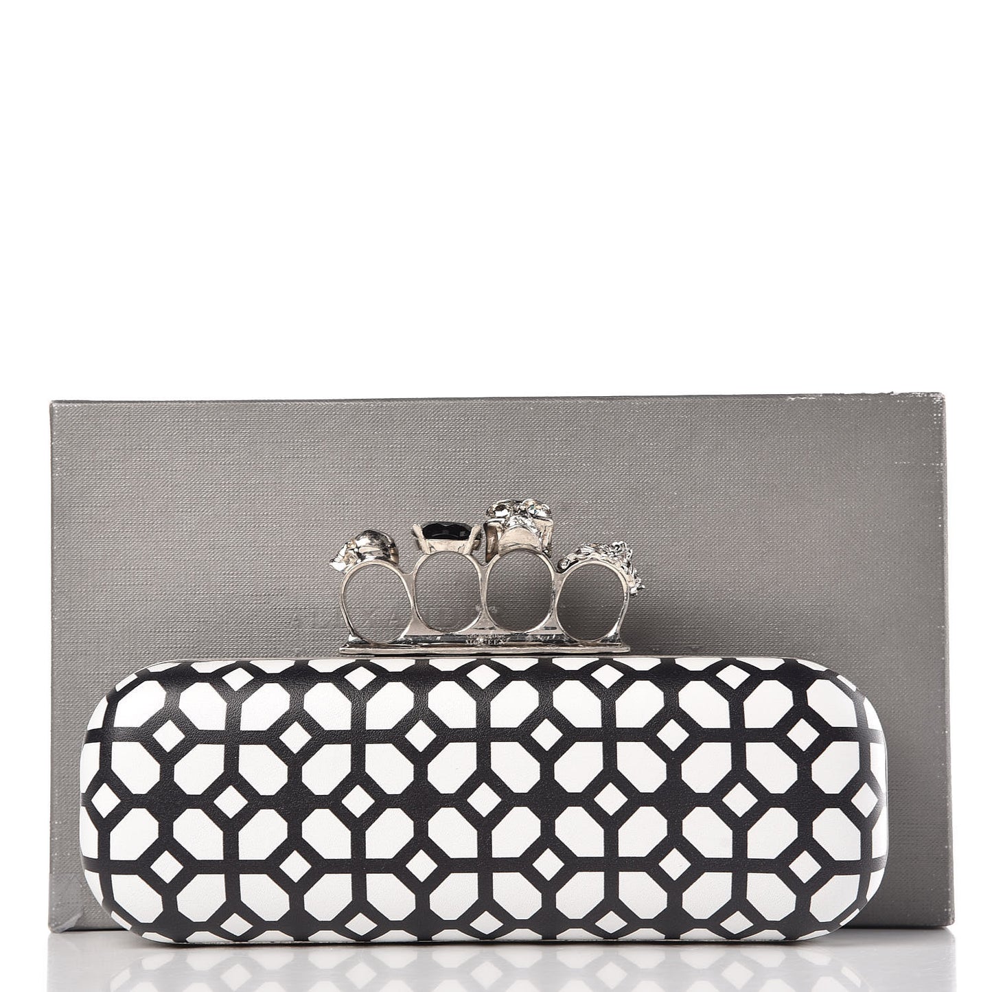 Calfskin Classic Grid Skull Knuckle Box Clutch Black White