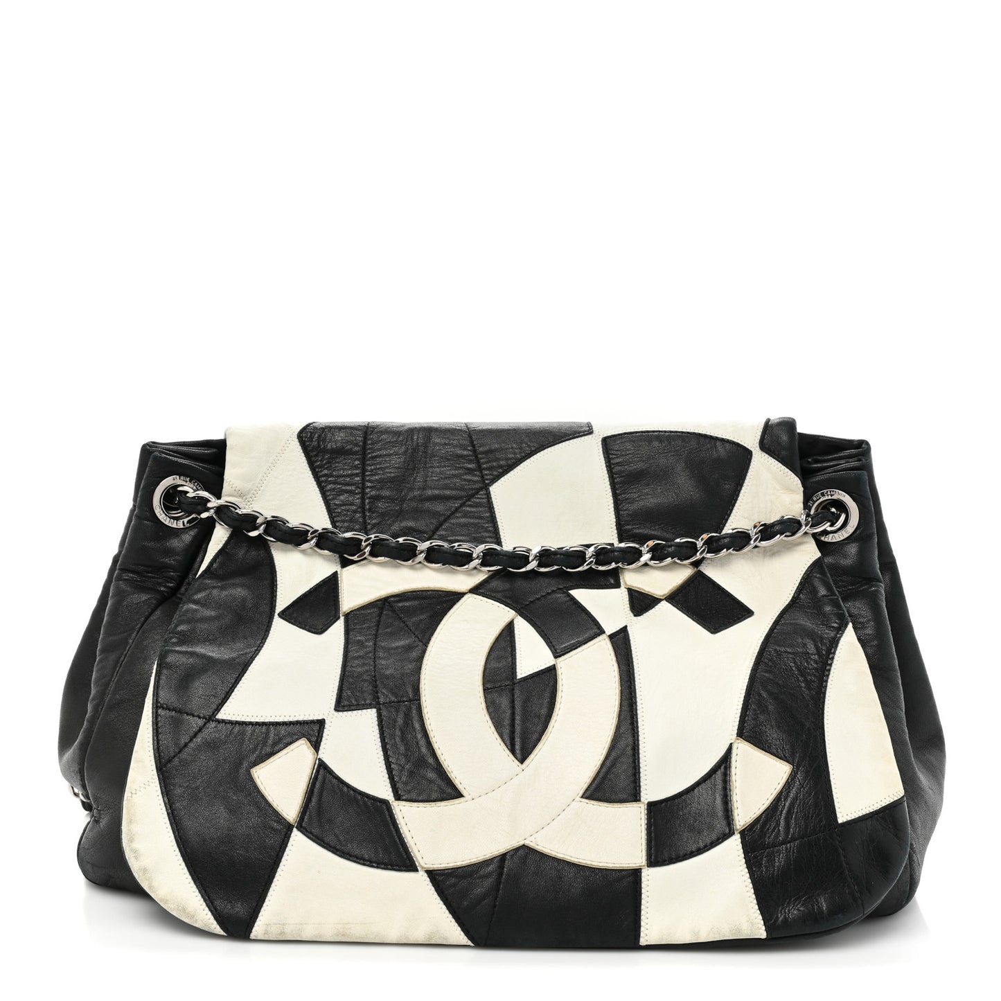 Lambskin Patchwork Accordion Flap Black White