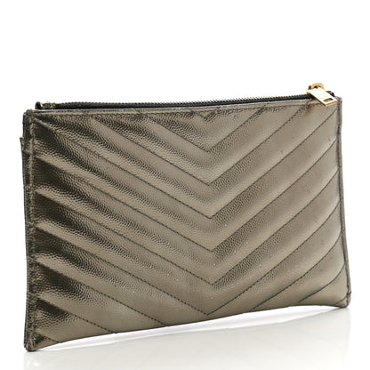 Saint Laurent Metallic Grain De Poudre Matelasse Chevron Monogram Bill Pouch Piombo 3 of 13