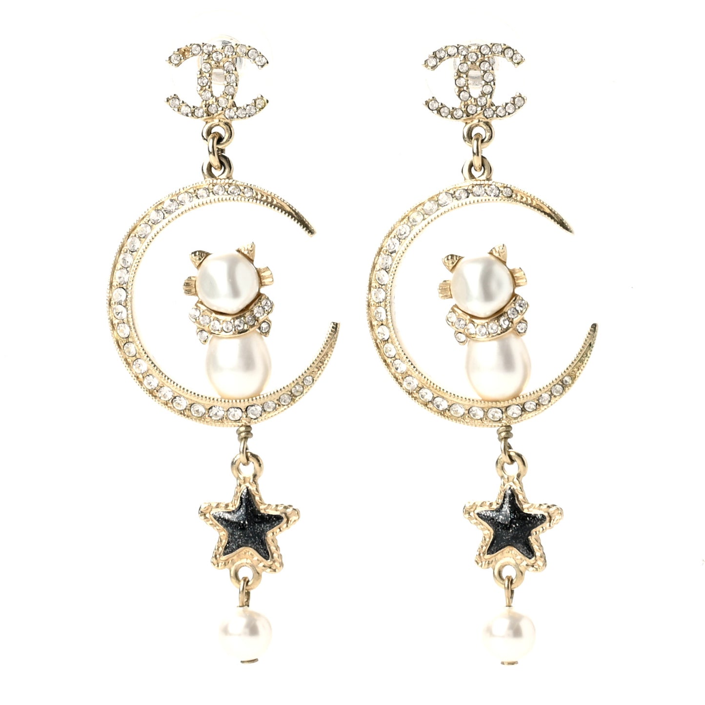 Metal Glass Crystal CC Cat Moon Earrings Gold