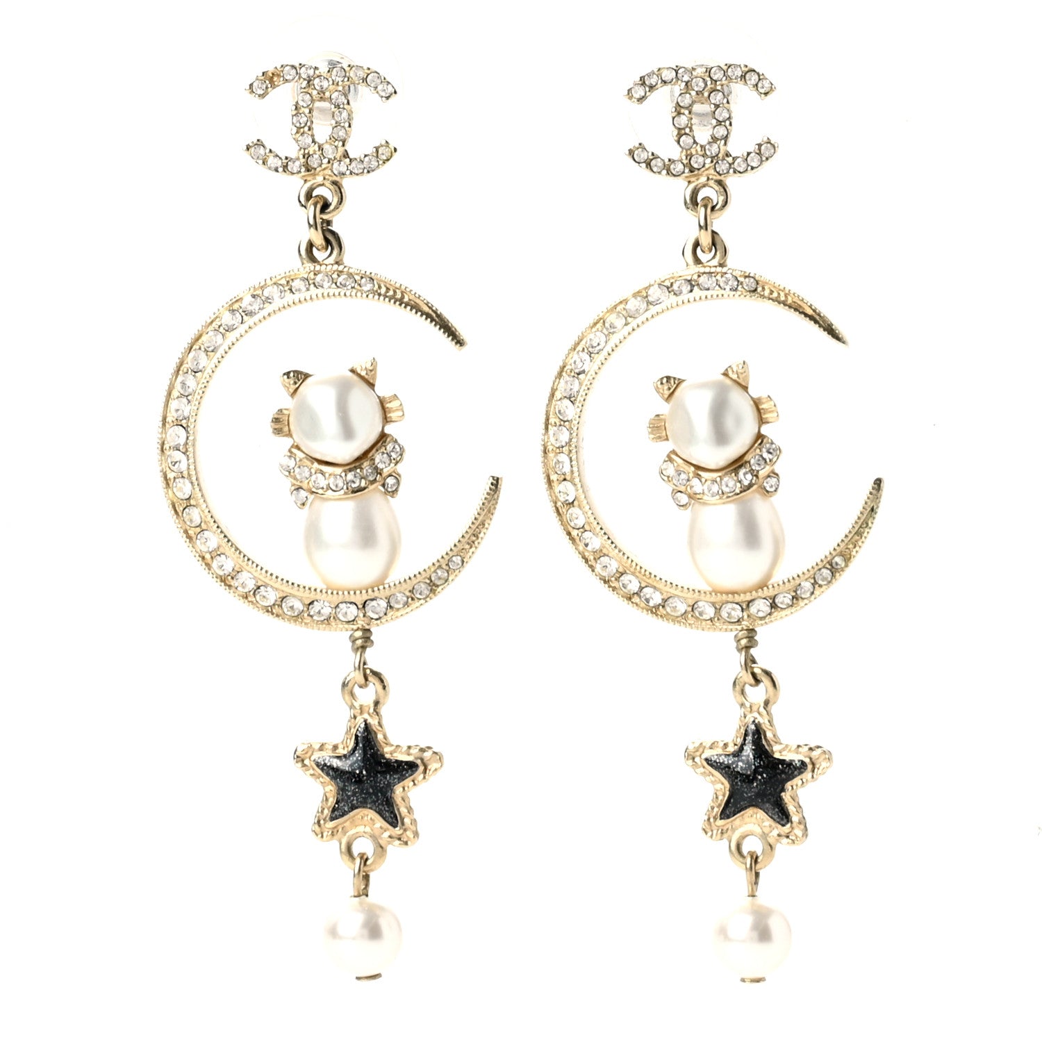 Chanel Metal Glass Crystal CC Cat Moon Earrings Gold 1 of 6