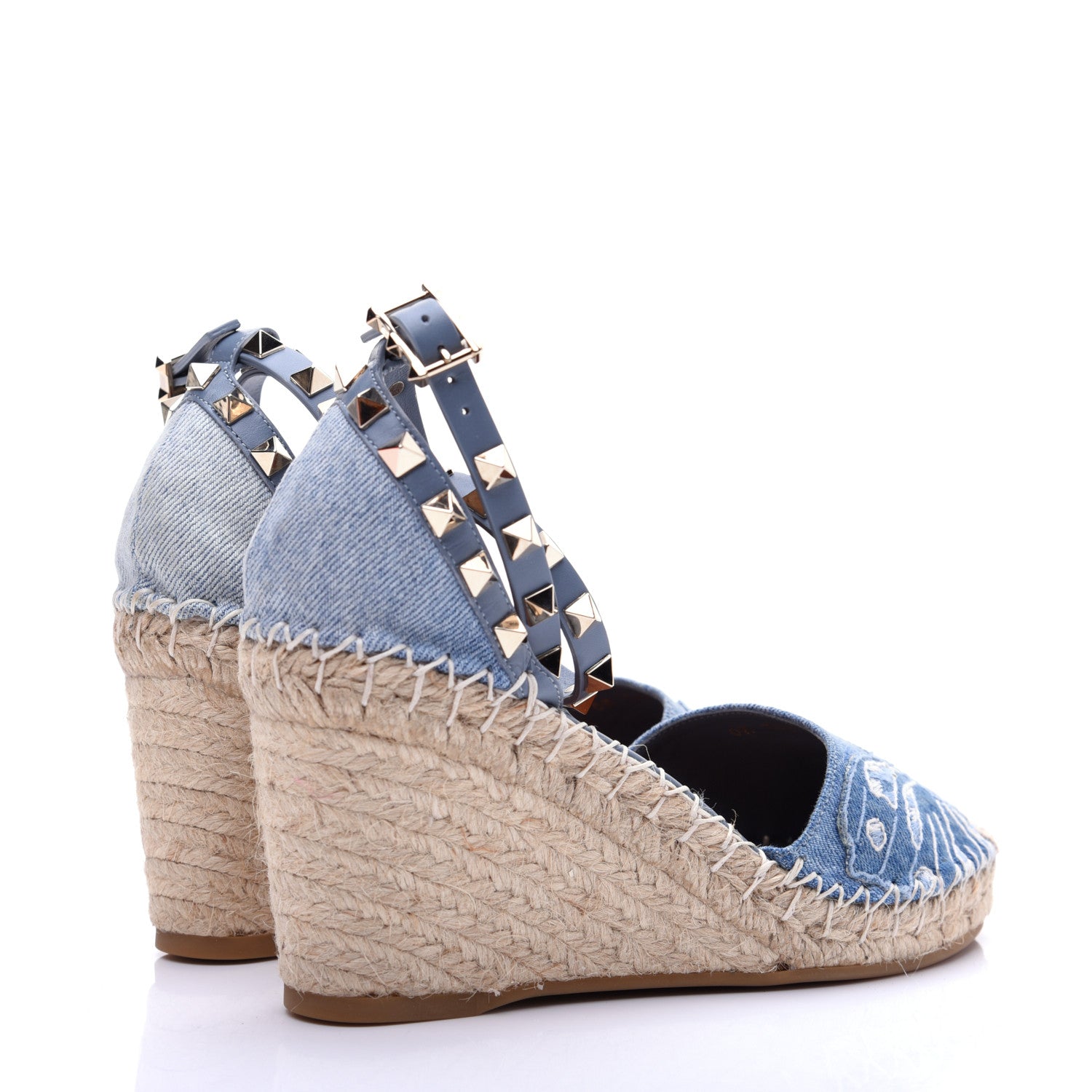Valentino Garavani Denim Butterfly Embroidered Rockstud Ankle Wrap Espadrille 15/85mm Wedges 36 Light Denim 3 of 18