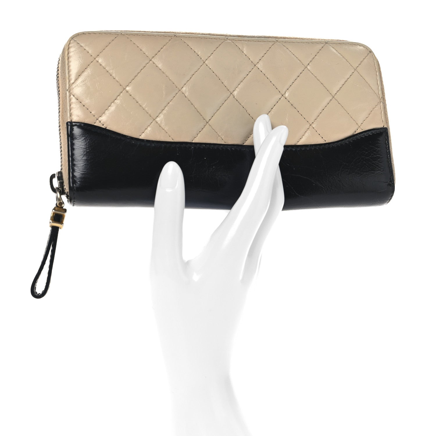 Chanel Aged Calfskin Quilted Large Gabrielle Zip Around Wallet Beige Black 2 of 12