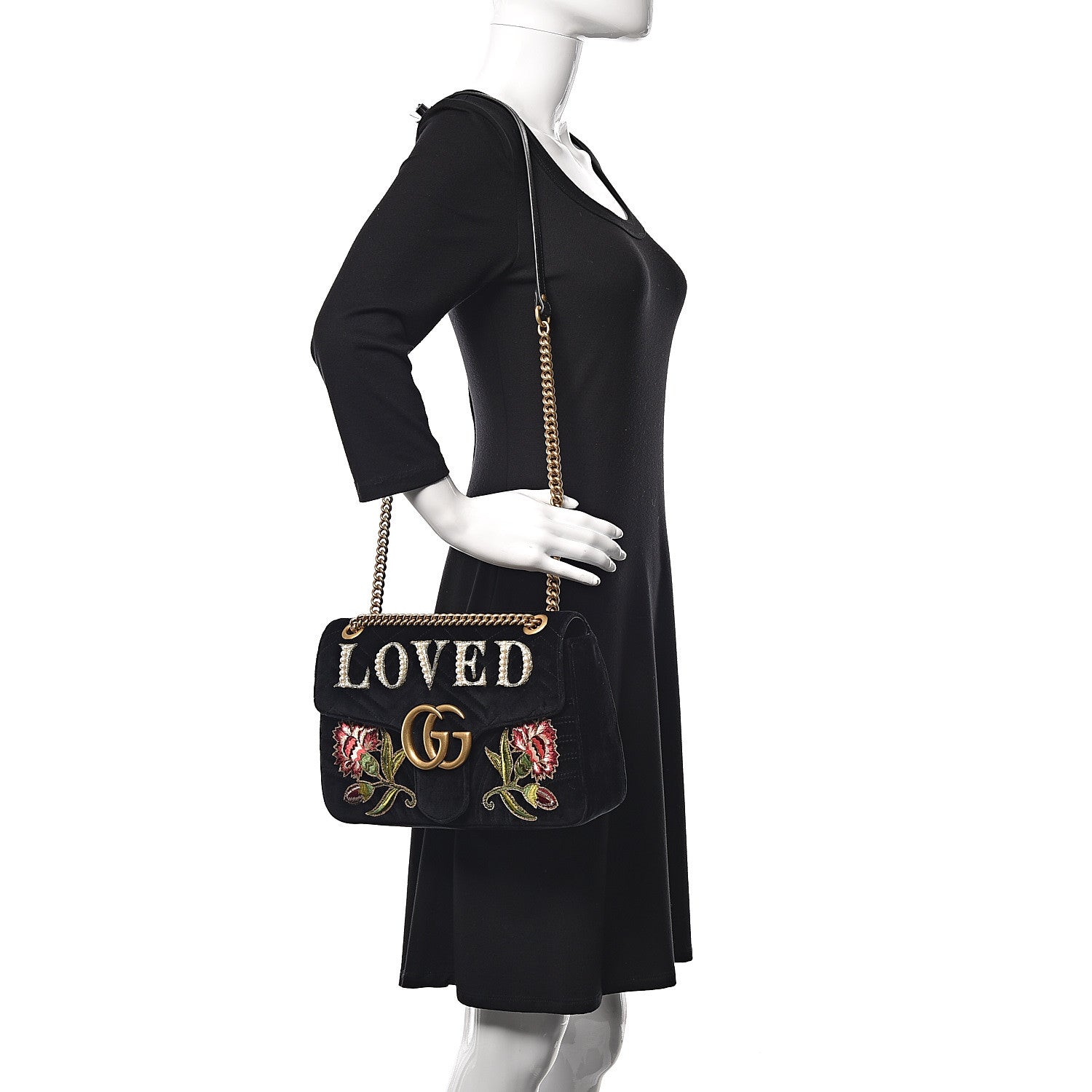 Gucci Velvet Matelasse Loved Embroidered Medium GG Marmont Shoulder Bag Black 2 of 9