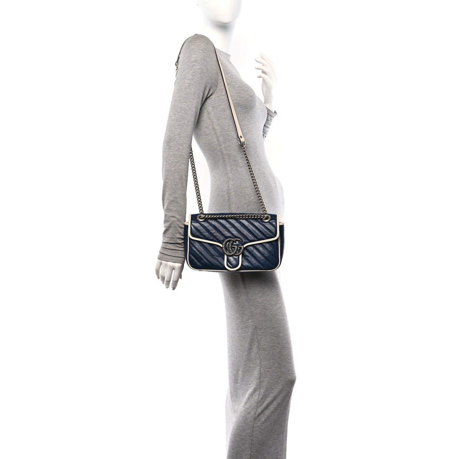 Gucci Vintage Effect Calfskin Matelasse Diagonal Small Torchon GG Marmont Shoulder Bag Blue Agata Mystic White 2 of 15