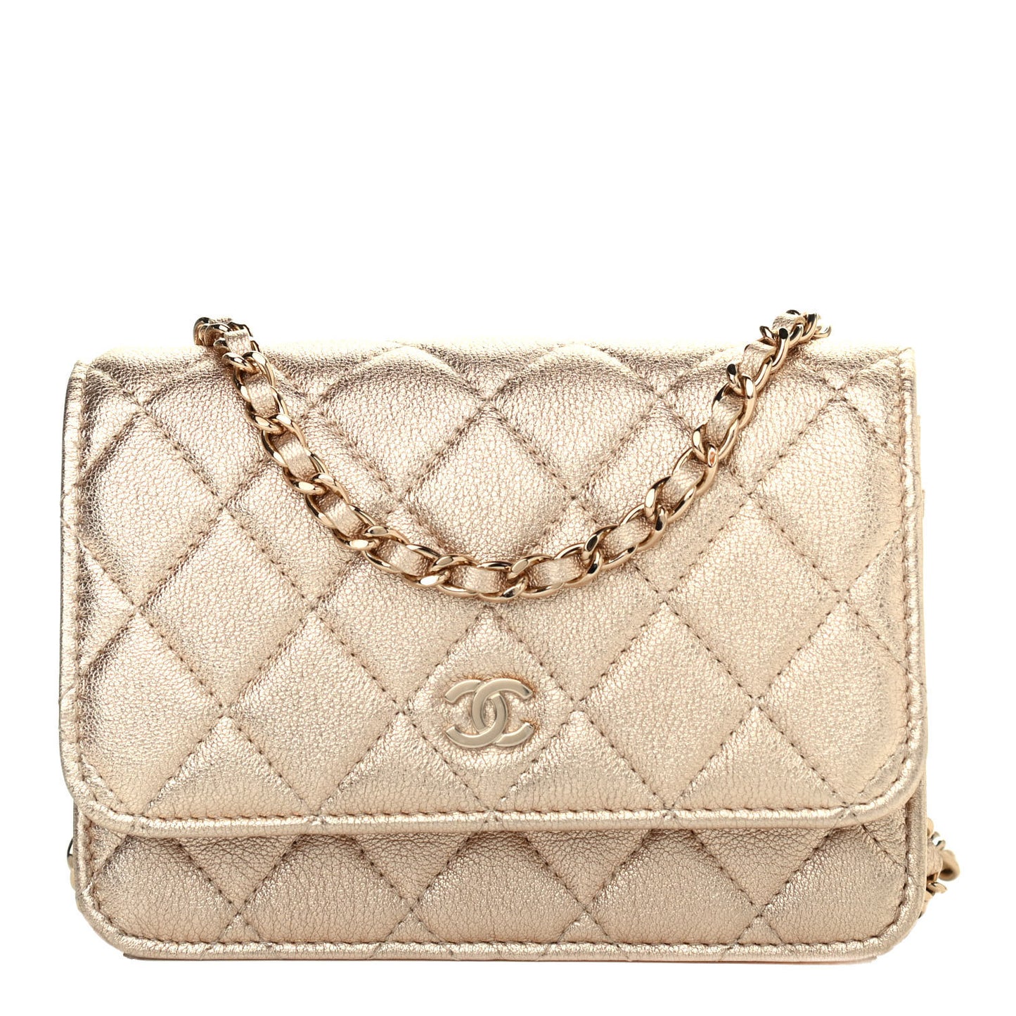 Metallic Lambskin Quilted Mini Wallet On Chain WOC Gold