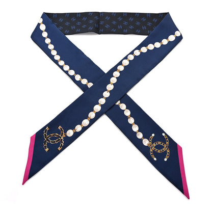 Chanel Silk Pearl CC Chain Slim Bandeau Scarf Navy Pink 1 of 3