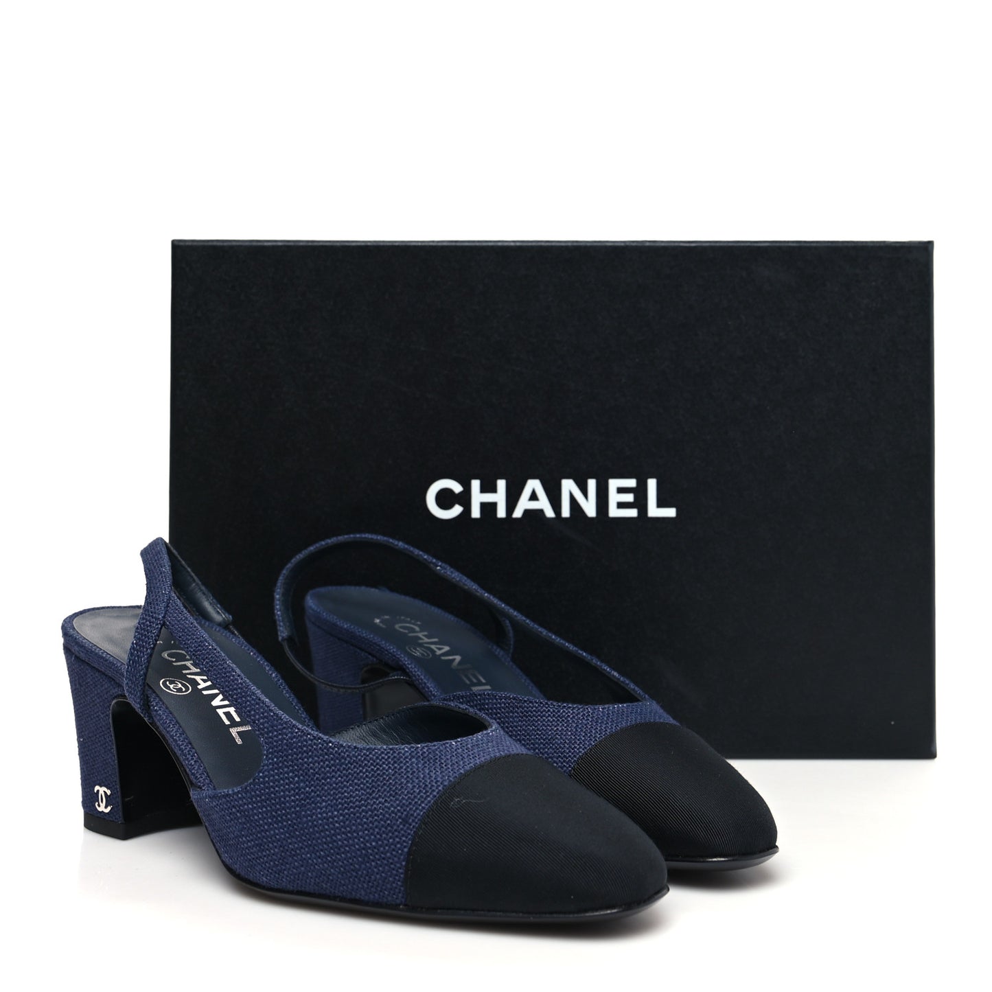 Fabric Grosgrain Cap Toe CC Slingback Pumps 36.5 Dark Blue Black