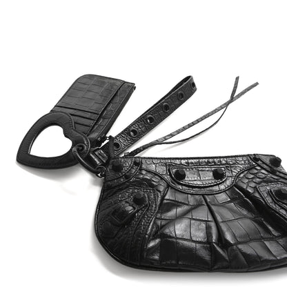 Balenciaga Extra Supple Calfskin Crocodile Embossed Monochrome Mini Le Cagole Multi Pouch Black 9 of 11