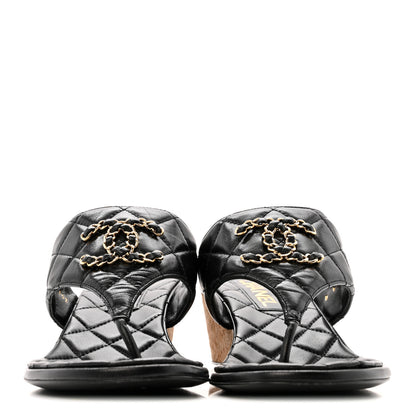 Chanel Shiny Goatskin Cork CC Wedge Sandals 37.5 Black 3 of 11