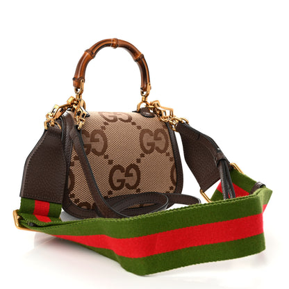 Gucci Monogram Jumbo GG Textured Dollar Calfskin Web Mini Bamboo 1947 Top Handle Bag Camel Ebony New Acero 3 of 9