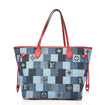 Louis Vuitton Denim Damier Monogram Patchwork Neverfull Blue Rouge 3 of 11