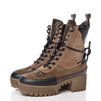 Louis Vuitton Suede Calfskin Monogram Laureate Platform Desert Boots 35 Taupe 3 of 8